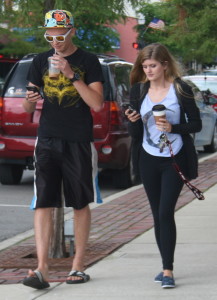 Residents Matt Popielarczyk and Caitlyn Ulvery, both 19, stopped for some coffee at ABeanToGo before heading down to Children’s Park to play Pokemon GO. Photo by Cathy Kimmel-Srock.