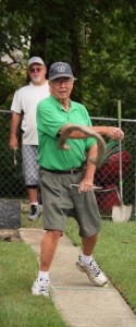 George Parsons (above) and son Dwight Parsons (below) were just two of the pitchers from the Lake Orion Horseshoe Club to compete in the Michigan Horseshoe Pitchers Association state doubles round-robin tournament last Saturday. Photos by Jim Newell.
