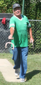Lake Orion Horseshoe Club member George Parsons throws a ringer at the Money Tournament last Saturday. Parsons recently competed in a world tournament where he was in the top 48 in the world and normally averages 60 ringers out of 100 pitches. Photo by Cathy Kimmel-Srock.