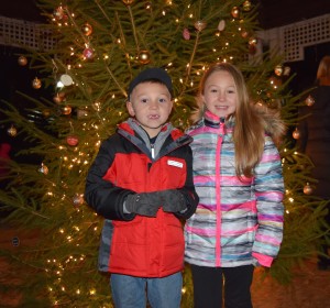 Brother and sister Kolten, 5, and Caelyn, 6, pose in front of the Christmas tree in the gazebo at Children’s Park. The Blanche Sims Elementary siblings braved the cold with their father, Justin, to take part in the holiday festivities. Photos by Jim Newell.