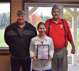 (From left) David West from Post 377 in Clarkston, Dr. Jaime Abbott and J.A.S. Commander Carvin (Huey) Chapman. Dr. Abbott received a plaque honoring her support of veterans. Photo by Jim Newell.