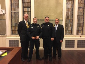 From left, State Rep. John Reilly, Officer Brian Martinez, Officer Todd Stanfield and Chief Jerry Narsh.  Photo by Georgia Thelen