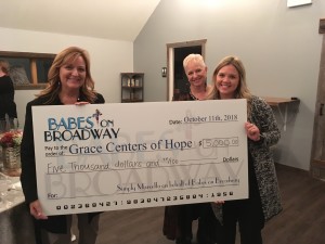 (From left) Kim Wehner, special events coordinator for Grace Centers of Hope, accepts a $5,000 donation from Peggy Barry Bartz and Samantha Smart of The Event Place. Photo by Jim Newell
