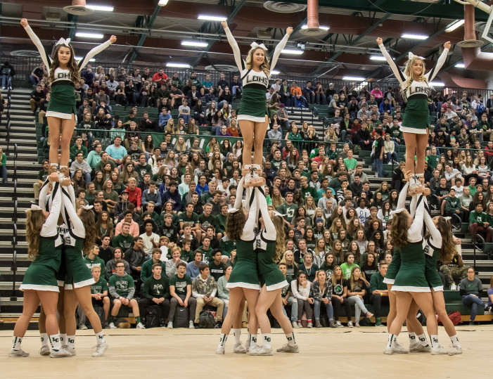 Homecoming Week thrives at LOHS — The Lake Orion High School varsity cheerleaders performed during a pep assembly at the Fieldhouse on Friday, helping get the students fired up for the Homecoming game that evening.