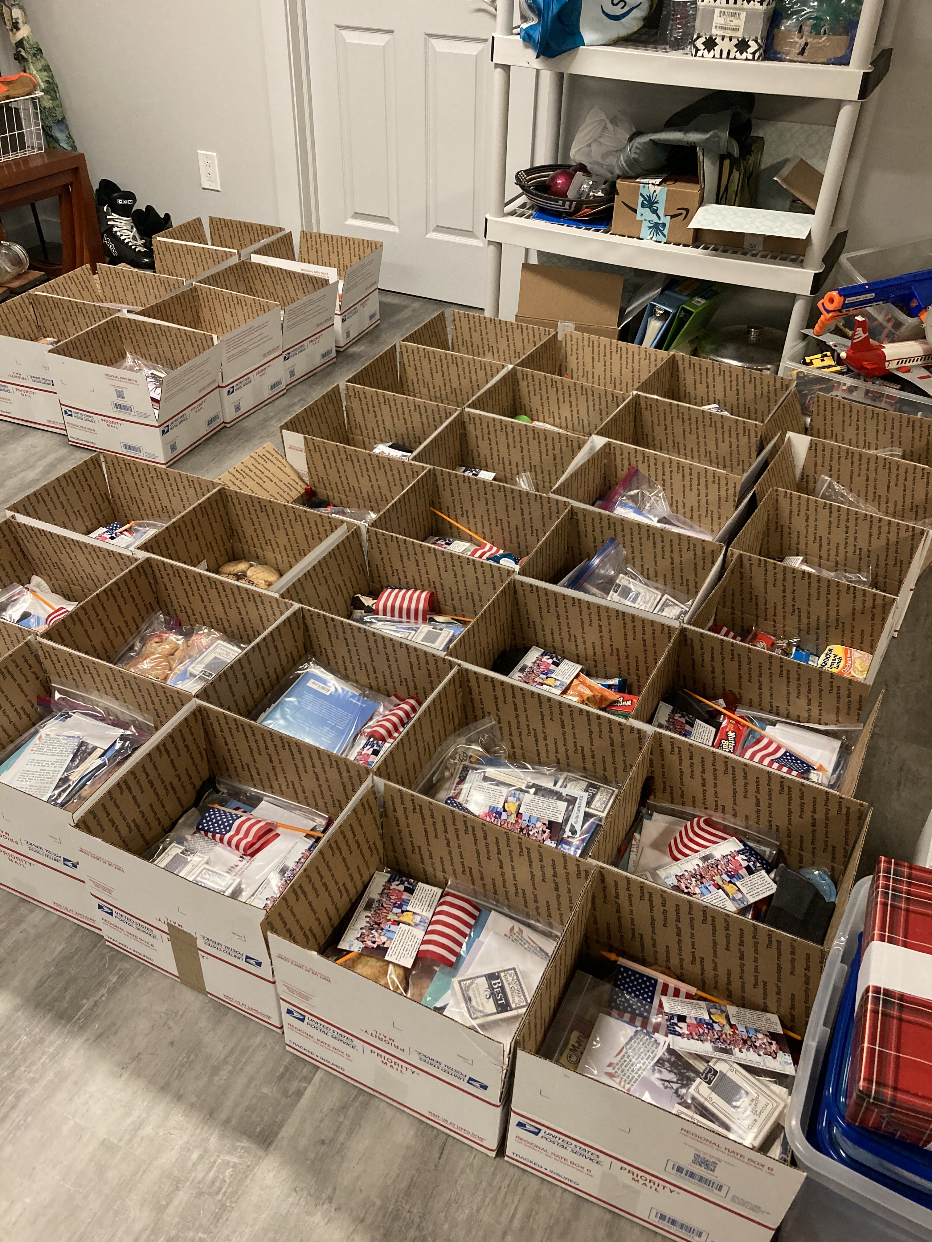 Half of the boxes that were sent to our Troops overseas.