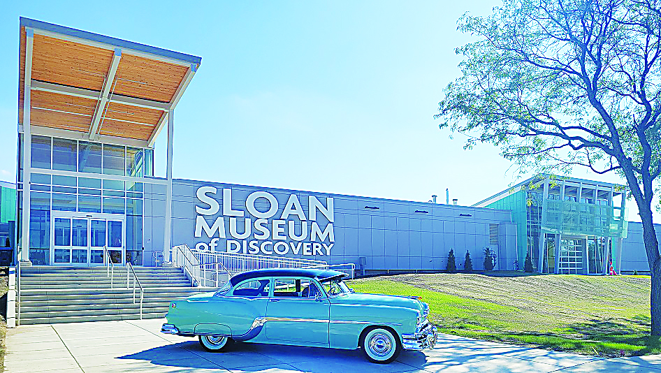 Sloan Museum of Discovery exterior front with vintage car