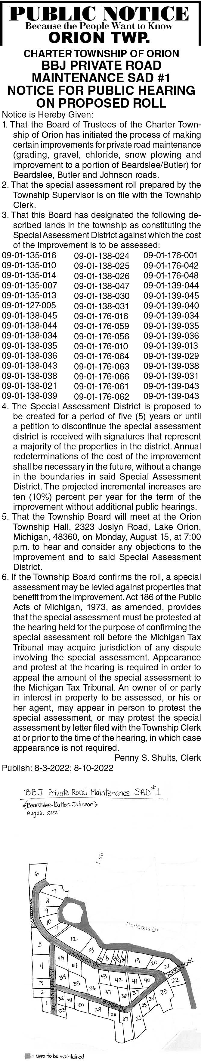 Orion Twp. BBJ Private Road Maintenance SAD #1 Notice for public hearing on proposed roll