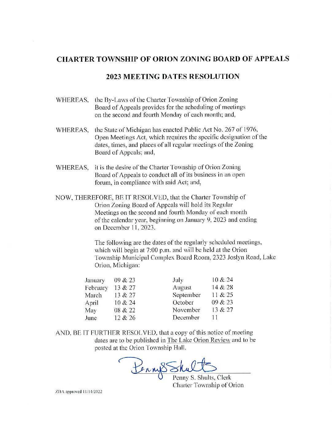 Zoning Board of Appeals 2023 Meeting Dates